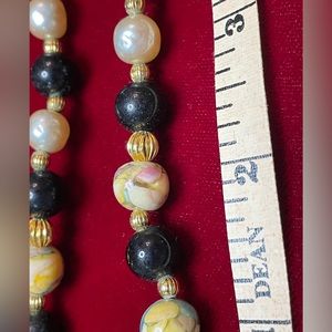 Vintage Onyx, Freshwater Pearl, Gold, & Cloisonné Bead Necklace 24” Length